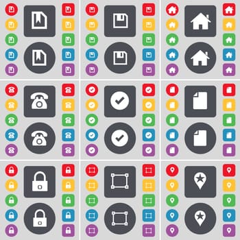 File, Floppy, House, Retro phone, Tick, File, Lock, Frame, Checkpoint icon symbol. A large set of flat, colored buttons for your design. illustration