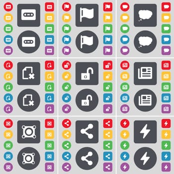 Cassette, Flag, Chat cloud, File, Lock, Newspaper, Speaker, Share, Flash icon symbol. A large set of flat, colored buttons for your design. illustration