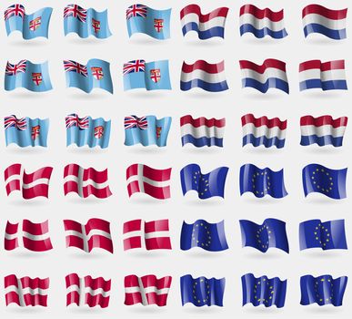 Fiji, Netherlands, Denmark, European Union. Set of 36 flags of the countries of the world. illustration