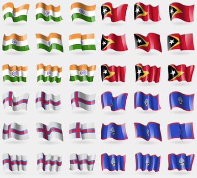 India, East Timor, Faroe Islands, Guam. Set of 36 flags of the countries of the world. illustration