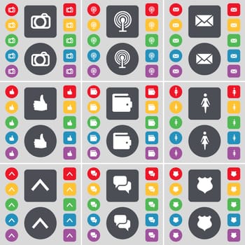 Camera, Wi-Fi, Message, Like, Wallet, Silhouette, Arrow up, Chat, Police badge icon symbol. A large set of flat, colored buttons for your design. illustration