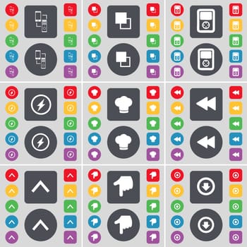 Connection, Copy, Player, Flash, Cooking hat, Rewind, Arrow up, Hand, Arrow down icon symbol. A large set of flat, colored buttons for your design. illustration