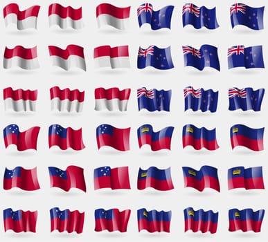 Indonesia, New Zeland, Samoa, Liechtenstein. Set of 36 flags of the countries of the world. illustration