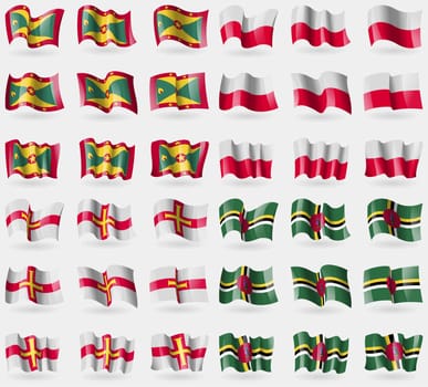 Grenada, Poland, Guernsey, Dominica. Set of 36 flags of the countries of the world. illustration