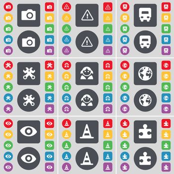 Camera, Warning, Truck, Wrenches, Avatar, Earth, Vision, Cone, Puzzle icon symbol. A large set of flat, colored buttons for your design. illustration