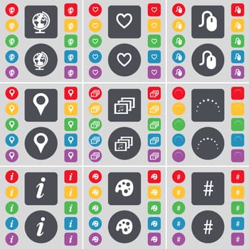 Globe, Heart, Dislike, Checkpoint, Gallery, Stars, Information, Palette, Hashtag icon symbol. A large set of flat, colored buttons for your design. illustration