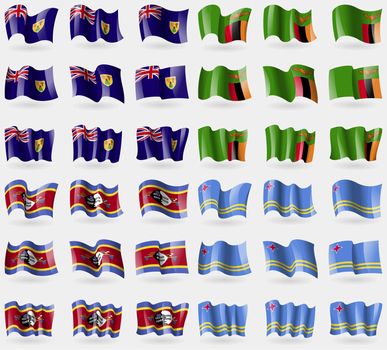 Turks and Caicos, Zambia, Swaziland, Aruba. Set of 36 flags of the countries of the world. illustration