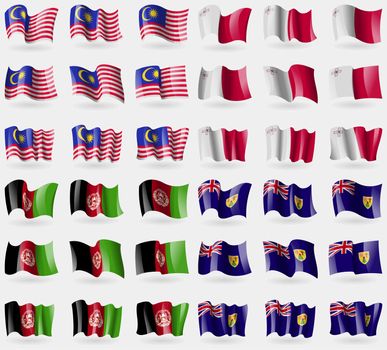 Malaysia, Malta, Afghanistan, Turks and Caicos. Set of 36 flags of the countries of the world. illustration