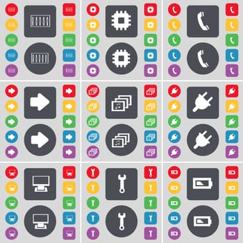 Equalizer, Processor, Receiver, Arrow right, Gallery, Socket, Monitor, Wrench, Battery icon symbol. A large set of flat, colored buttons for your design. illustration