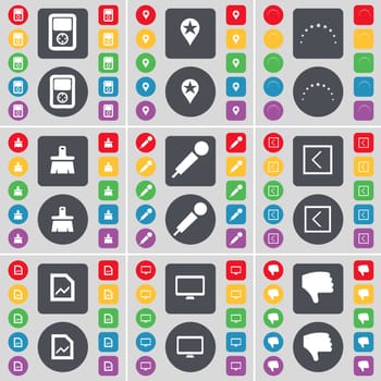 Player, Checkpoint, Stars, Brush, Microphone, Arrow left, Graph file, Monitor, Dislike icon symbol. A large set of flat, colored buttons for your design. illustration