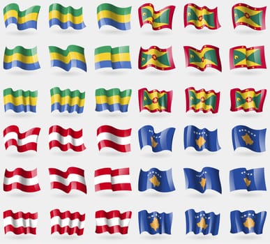 Gabon, Grenada, Austria, Kosovo. Set of 36 flags of the countries of the world. illustration
