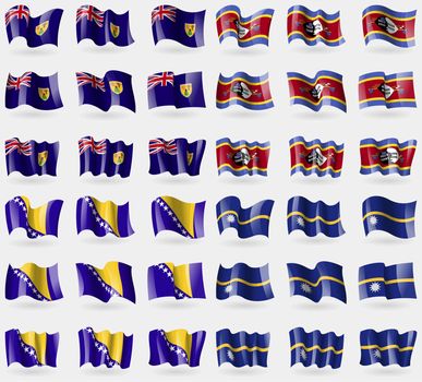 Turks and Caicos, Swaziland, Bosnia and Herzegovina, Nauru. Set of 36 flags of the countries of the world. illustration