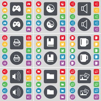 Gamepad, Yin-Yang, Sound, Printer, Dictionary, Cup, Sound, Folder, Picture icon symbol. A large set of flat, colored buttons for your design. illustration