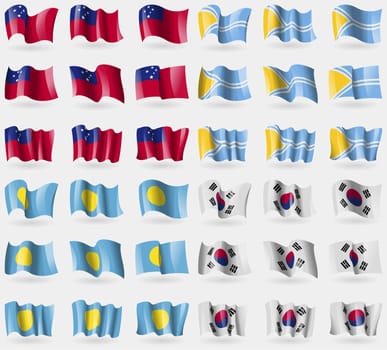 Samoa, Tuva, Palau, Korea South. Set of 36 flags of the countries of the world. illustration