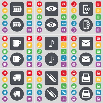 Battery, Vision, Smartphone, Cup, Note, Message, Truck, Microphone connector, Printer icon symbol. A large set of flat, colored buttons for your design. illustration