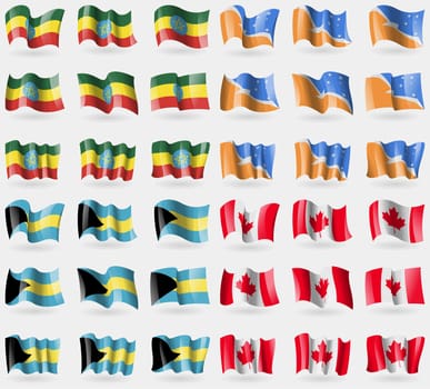 Ethiopia, Tierra del Fuego Province, Bahamas, Canada. Set of 36 flags of the countries of the world. illustration