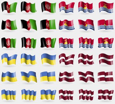 Afghanistan, Kiribati, Ukraine, Latvia. Set of 36 flags of the countries of the world. illustration