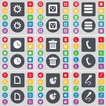 Gear, Socket, Apps, Clock, Trash can, Receiver, File, Pizza, Microphone icon symbol. A large set of flat, colored buttons for your design. illustration