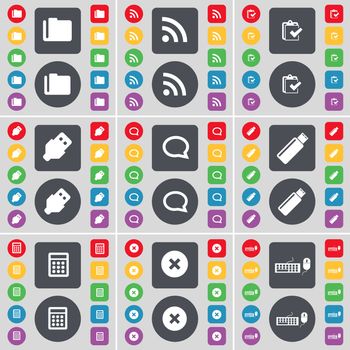 Folder, RSS, Survey, USB, Chat bubble, USB, Calculator, Stop, Keyboard icon symbol. A large set of flat, colored buttons for your design. illustration