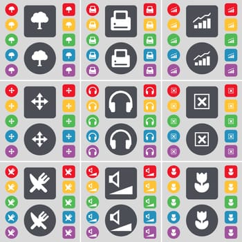 Tree, Printer, Graph, Moving, Headphones, Stop, Fork and knife, Volume, Flower icon symbol. A large set of flat, colored buttons for your design. illustration