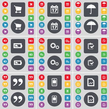 Shopping cart, Calendar, Umbrella, Battery, Gear, Survey, Quotation mark, Mobile phone, Graph file icon symbol. A large set of flat, colored buttons for your design. illustration