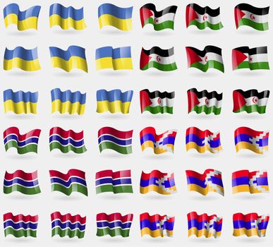 Ukraine, Western Sahara, Gambia, Karabakh Republic. Set of 36 flags of the countries of the world. illustration