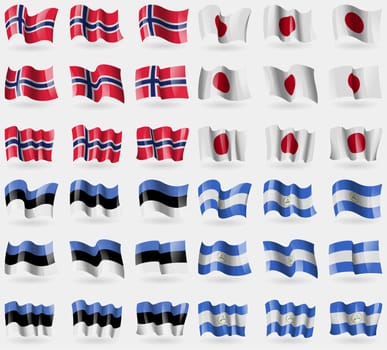Norway, Japan, Estonia, Nicaragua. Set of 36 flags of the countries of the world. illustration