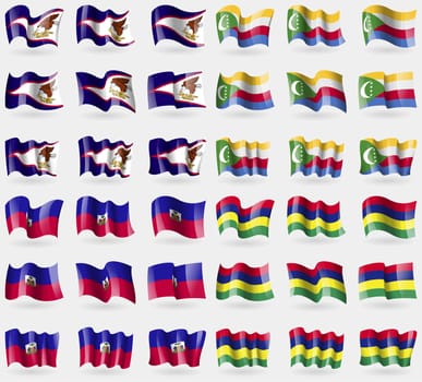 American Samoa, Comoros, Haiti, Mauritius. Set of 36 flags of the countries of the world. illustration