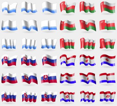 Altai Republic, Oman, Slovakia, Mordovia. Set of 36 flags of the countries of the world. illustration