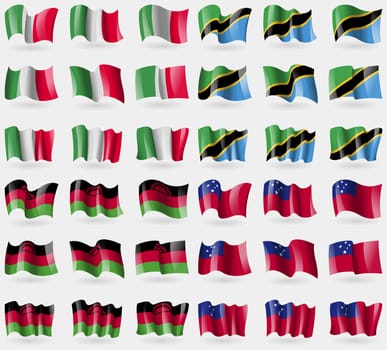 Italy, Tanzania, Malawi, Samoa. Set of 36 flags of the countries of the world. illustration