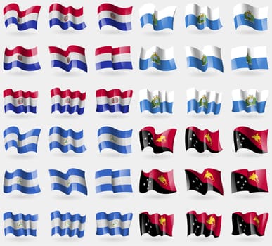 Paraguay, San Marino, Nicaragua, Papua New Guinea. Set of 36 flags of the countries of the world. illustration