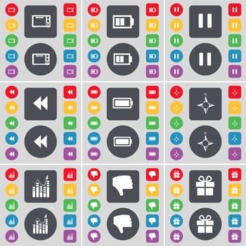 Microwave, Battery, Pause, Rewind, Battery, Compass, Diagram, Dislike, Gift icon symbol. A large set of flat, colored buttons for your design. illustration