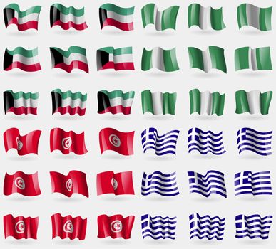 Kuwait, Nigeria, Tunisia, Greece. Set of 36 flags of the countries of the world. illustration