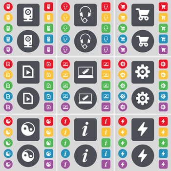 Speaker, Headphones, Shopping cart, Media file, Laptop, Gear, Yin-Yang, Information, Flash icon symbol. A large set of flat, colored buttons for your design. illustration
