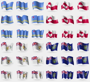 Aruba, Greenland, British Antarctic Territory, Pitcairn Islands. Set of 36 flags of the countries of the world. illustration