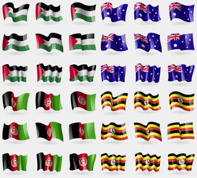 Palestine, Australia, Afghanistan, Uganda. Set of 36 flags of the countries of the world. illustration