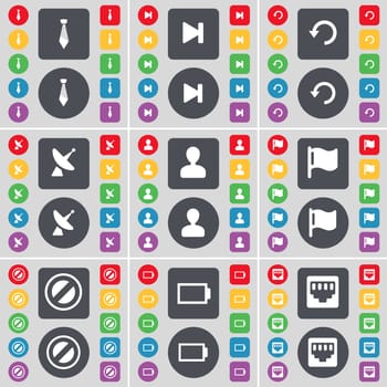 Tie, Media skip, Reload, Satellite dish, Avatar, Flag, Stop, Battery, LAN socket icon symbol. A large set of flat, colored buttons for your design. illustration