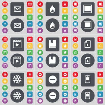 Message, Fire, Window, Media player, Diagram, Snowflake, Minus, Mobile phone icon symbol. A large set of flat, colored buttons for your design. illustration