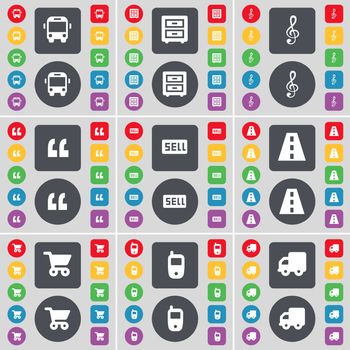 Bus, Bed-table, Clef, Question mark, Sell, Road, Shopping cart, Mobile phone, Truck icon symbol. A large set of flat, colored buttons for your design. illustration