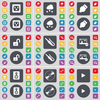 Socket, Cloud, USB, Lock, Microphone connector, Picture, Speaker, Disk, Media play icon symbol. A large set of flat, colored buttons for your design. illustration