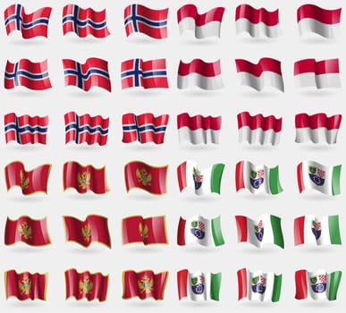Norway, Indonesia, Montenegro, Bosnia and Herzegovina Federation. Set of 36 flags of the countries of the world. illustration