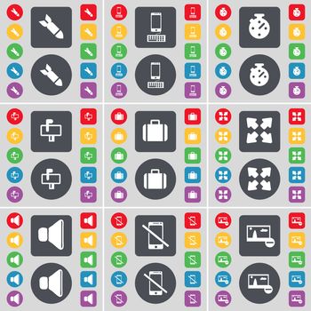 Rocket, Smartphone, Stopwatch, Mailbox, Suitcase, Full screen, Sound, Smartphone, Picture icon symbol. A large set of flat, colored buttons for your design. illustration
