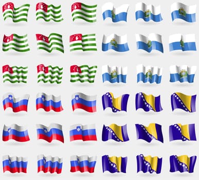 Abkhazia, San Marino, Slovenia, Bosnia and Herzegovina. Set of 36 flags of the countries of the world. illustration