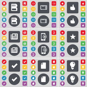 SIM card, Microphone, Like, Newspaper, Smartphone, Star, Tick, File, Light bulb icon symbol. A large set of flat, colored buttons for your design. illustration