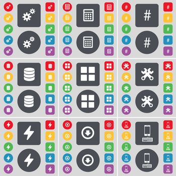 Gear, Calculator, Hashtag, Database, Apps, Wrench, Flash, Arrow down, Smartphone icon symbol. A large set of flat, colored buttons for your design. illustration