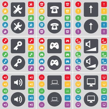 Wrench, Retro phone, Arrow up, Key, Gamepad, Volume, Sound, Laptop, Monitor icon symbol. A large set of flat, colored buttons for your design. illustration