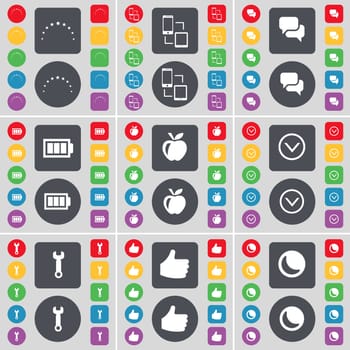 Star, Connection, Chat, Battery, Apps, Arrow down, Wrench, Like, Moon icon symbol. A large set of flat, colored buttons for your design. illustration
