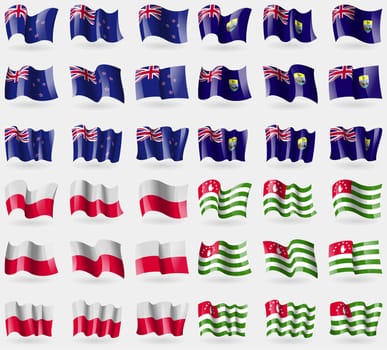 New Zeland, Saint Helena, Poland, Abkhazia. Set of 36 flags of the countries of the world. illustration