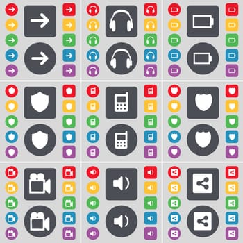 Arrow right, Headphones, Battery, Badge, Mobile phone, Film camera, Sound, Share icon symbol. A large set of flat, colored buttons for your design. illustration