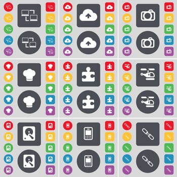Connection, Cloud, Camera, Cooking hat, Puzzle part, Helicopter, Hard drive, Mobile phone, Link icon symbol. A large set of flat, colored buttons for your design. illustration
